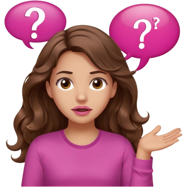 girl with long wavy brown hair, brown eyes, light to medium complexion, in a pink shirt, pink lips, long lashes, shugging, question mark one speech bubble emoji