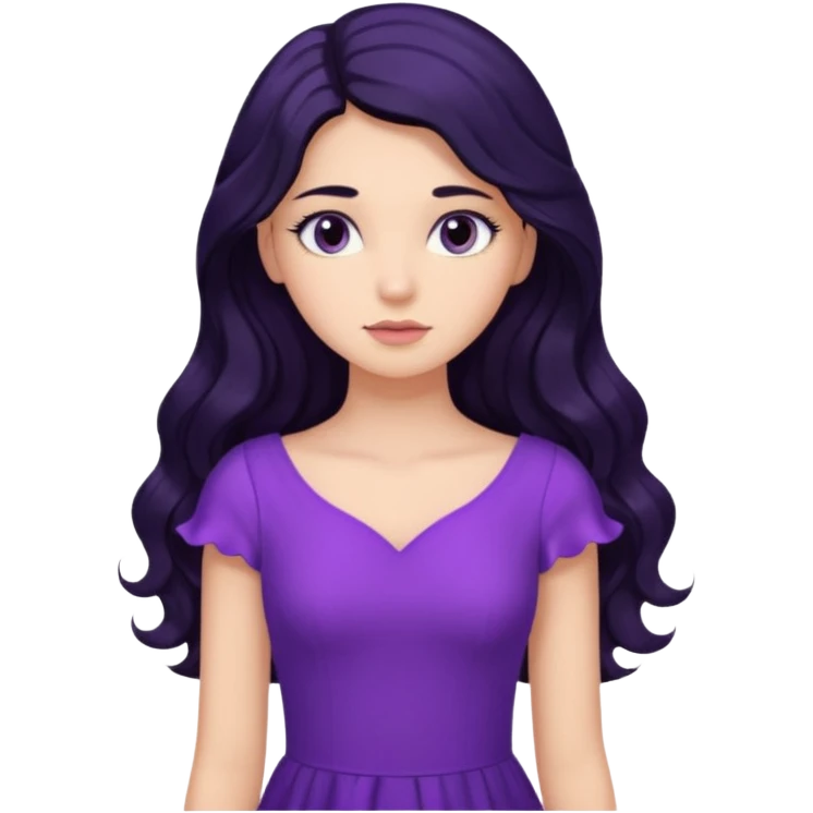 دخترکی با مو های بلند و مشکی موج دار مژه های بلند با لباس بنفش و حالت متفکر emoji