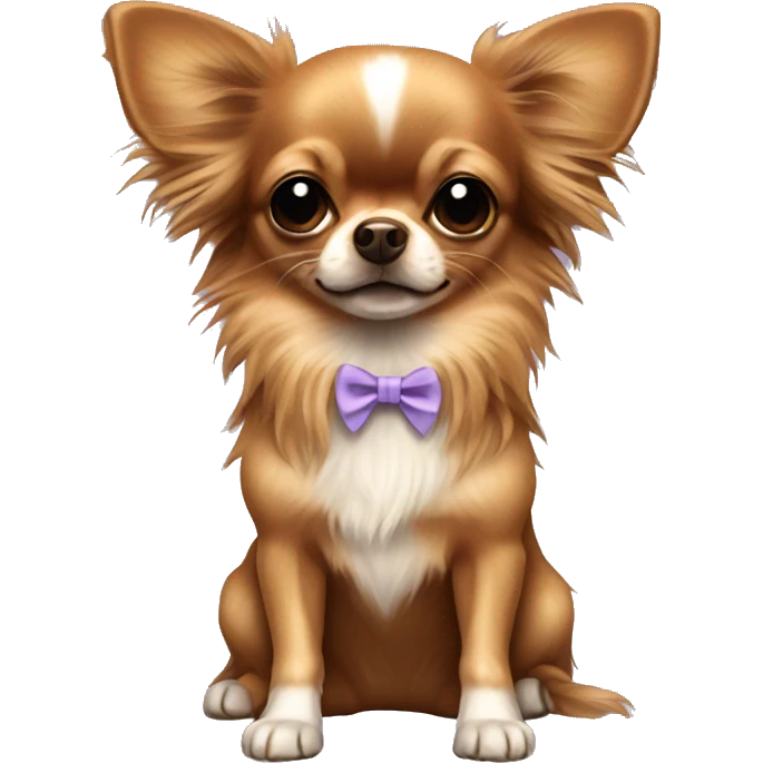 Small brown long haired chihuahua wearing a bow emoji