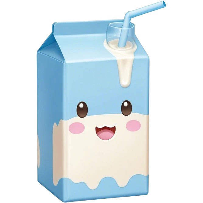 Cute Kawaii Milk Carton, small and boxy, bright pastel blue and white, blushing cheeks, a tiny straw poking out, soft glowing highlights, adorable farm-fresh cuteness! emoji