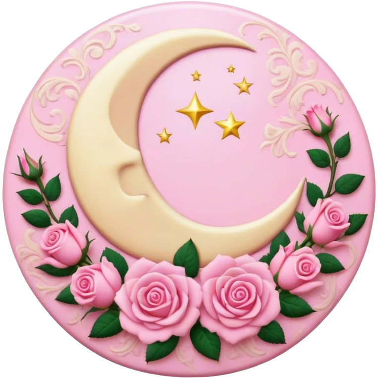 A round pink button with a cream colored crescent damask moon and pink roses in the center emoji