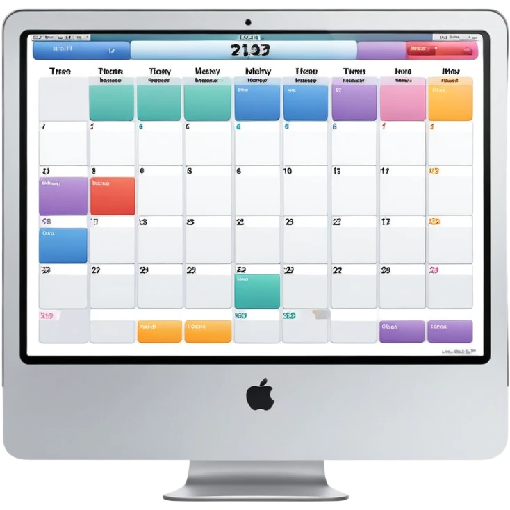 front-facing iMac showing a day schedule with vertical hours and horizontal client slots, several slots filled with color to indicate bookings emoji