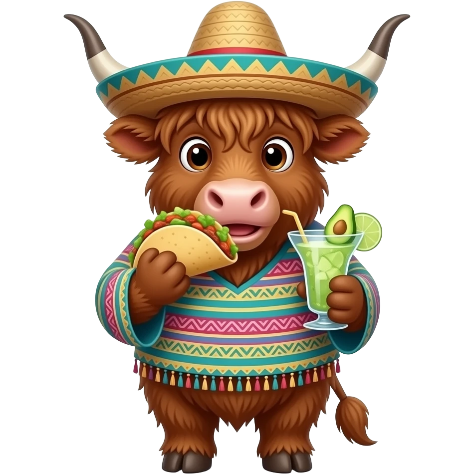 animated highland cow eating tacos and guacamole,wearing a pancho and sombrero drinking a margarita emoji