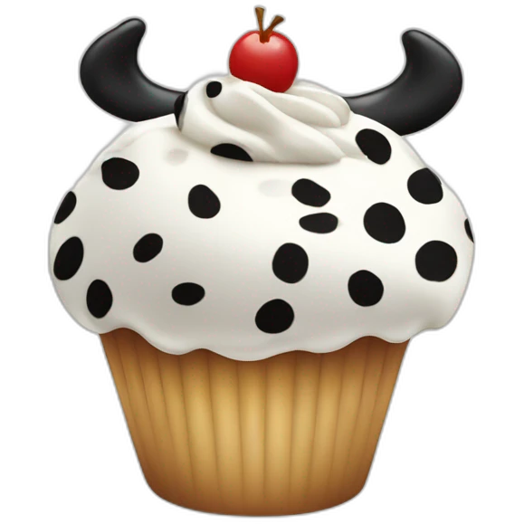 Happy cupcake with black and white cow spots emoji