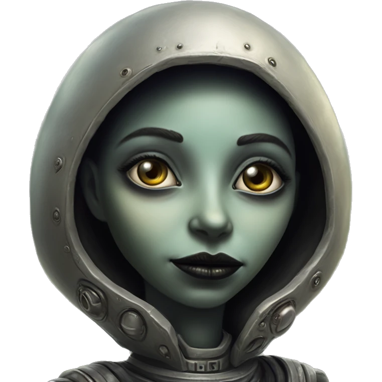 Wholesome UFO alien in Swedish game style, oil paint, black eyes, intricate lips, masterpiece portrait, beautiful, desirable, logical, love, peace, understanding emoji