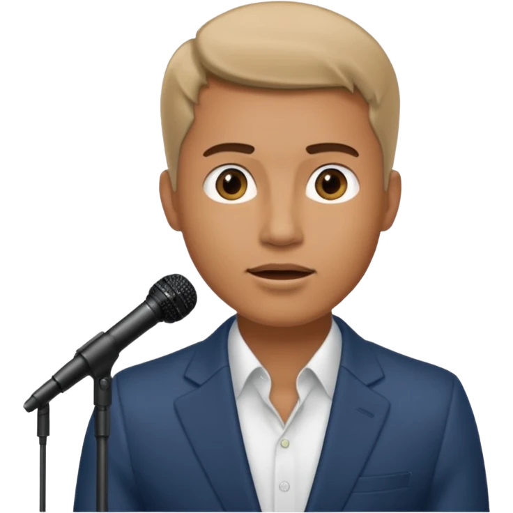 A man speaks into a microphone, and there is a prompter screen in front of him. emoji