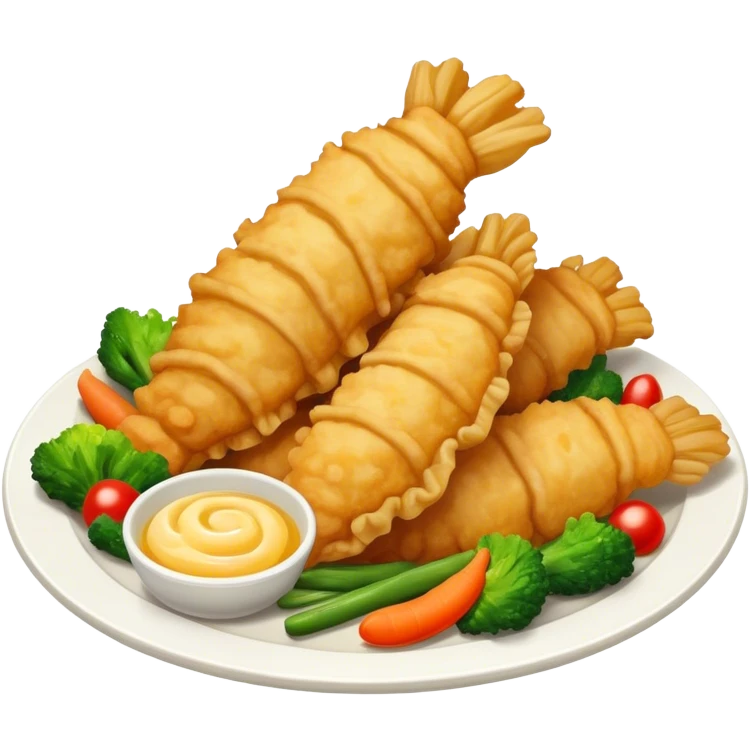 Tempura Cinematic Realistic Tempura Dish Emoji, depicted as extra crispy, lightly battered seafood and vegetables, rendered with vivid textures and dynamic, bright lighting. emoji