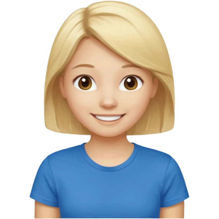 Young girl with blonde hair and a blue T-shirt, looking happy emoji