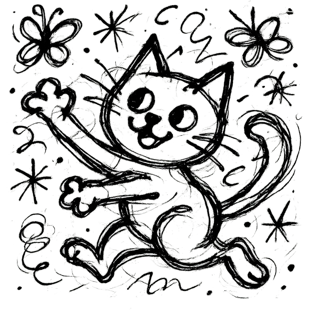 cute cat playfully chasing butterflies with wild scribbled lines and whimsical details emoji