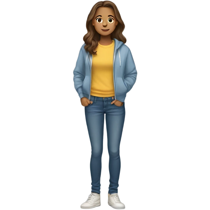 girl with brown hair, brown eyes in full growth in a sweatshirt and jeans emoji