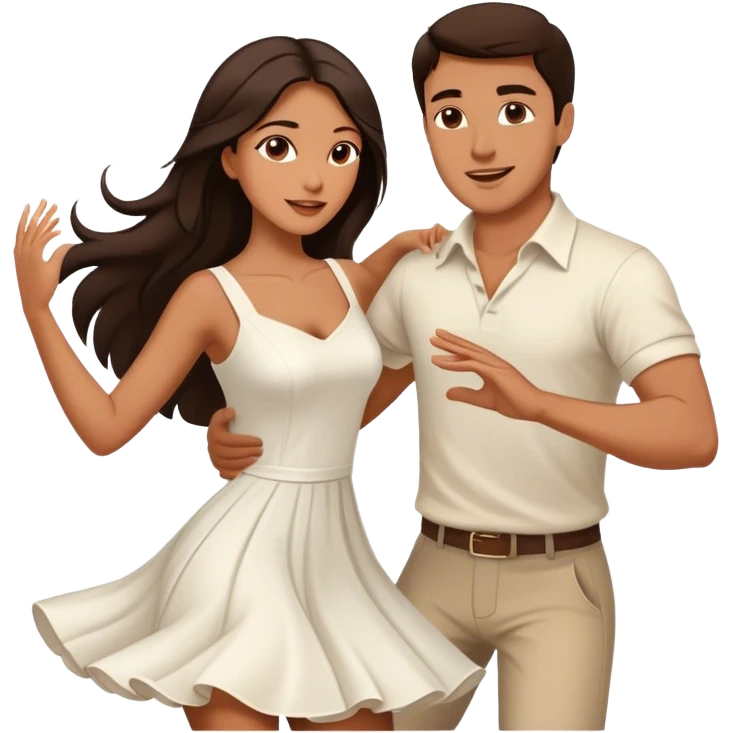 Beautiful woman in 1950’s woman fashion look, white dress, long dark brown hair, balboa couple dance  emoji