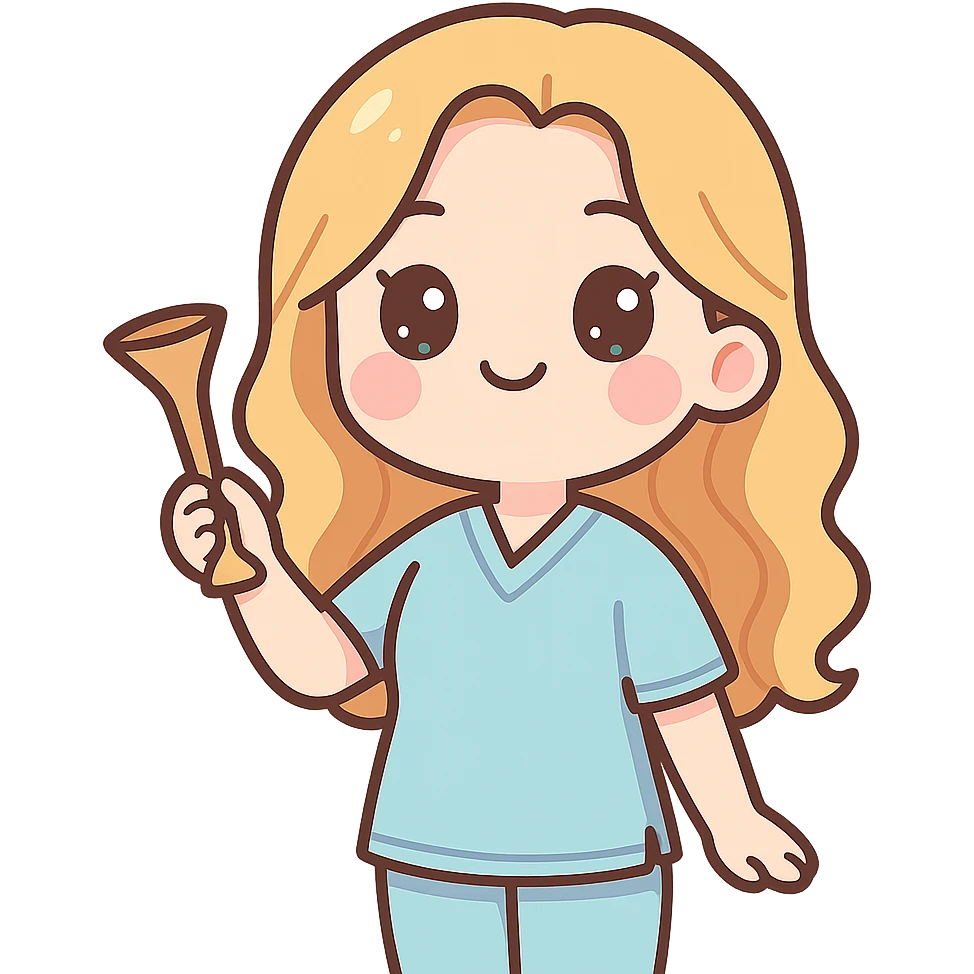 A kawaii style girl with appearance and clothing as in the reference, holding an obstetric stethoscope in one hand, the other hand down, posed in three quarters. Detailed shadows and highlights, thin clean contours, soft rounded shapes, pastel palette #98B5BC, #B5B3C1, #C9A3C9, #E4C0CA, #F7DCD1, #F7C0AA, soft lighting, transparent background, no decorative elements. emoji