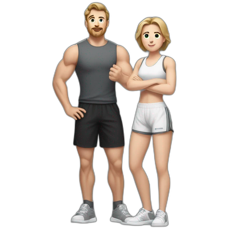 Full height Actively gesturing with hands Pale skinned Fit Man With the biceps and brown hair in dark gray Sleeveless Mike, black oversize sports shorts and white Sneakers emoji