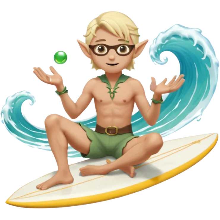 elf male legolas sitting on surfboard (ashore), hands manipulating two orbs of swirling seawater giving a "massage" to his own shoulders, wearing relaxed linen shorts over swimwear, tinted elven sunglasses, pointy ears, content expression, centered emoji emoji