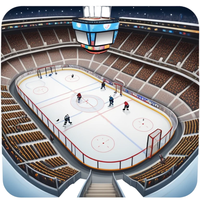 Please, make An icon featuring The background shows a packed stadium with cheering fans, bright arena lights, and an icy rink and close-up shots of key hockey equipment: a hockey stick, puck, and skates. Transparent background highlights the essentials of the game and the thrill of the sport. emoji