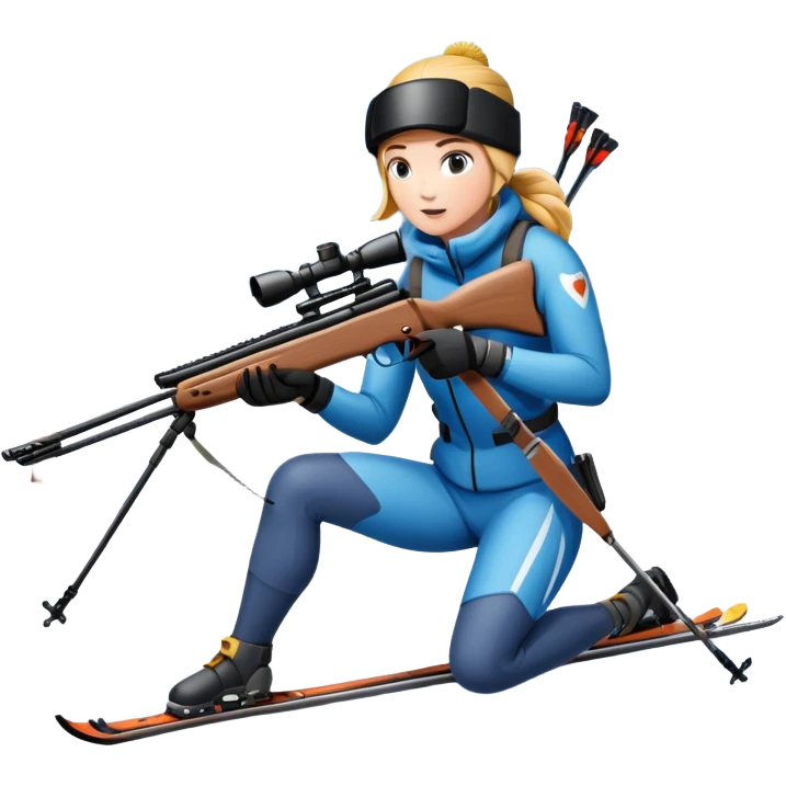 An icon showing a snowy landscape with pine trees, mountains, and a clear sky with a biathlete aiming a rifle in the foreground, wearing winter gear and skis. Transparent background emphasizes the precision, endurance, and beauty of this winter sport. emoji