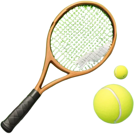A tennis racket and ball placed on the grass court, with the lines of the court clearly visible in the background. The scene captures the essence of the sport, highlighting the equipment and the vibrant, open atmosphere of a tennis match emoji