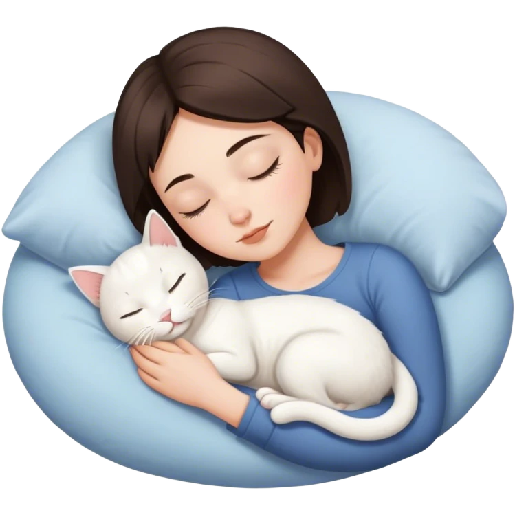 White kitty sleeping on brunette white girl short hair  emoji