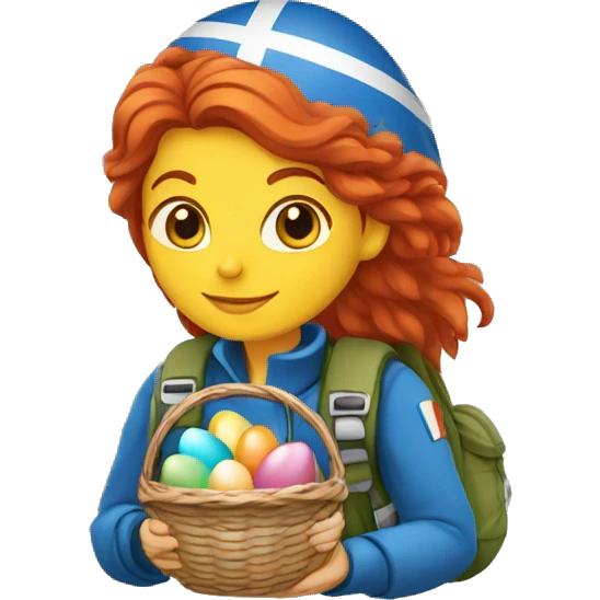 Female mountain climber red hair with Greek flag and holding Easter eggs basket emoji