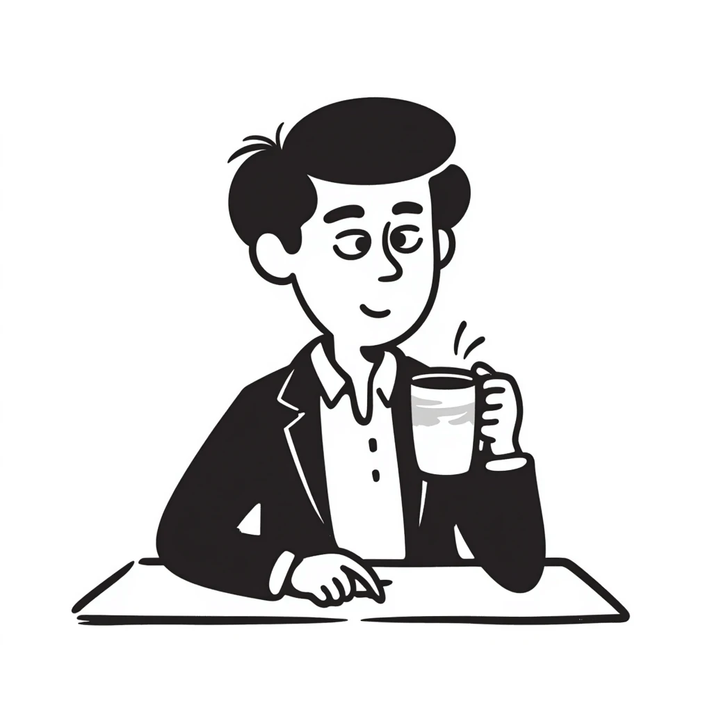 Office boss sitting at desk with coffee mug, looking authoritative emoji