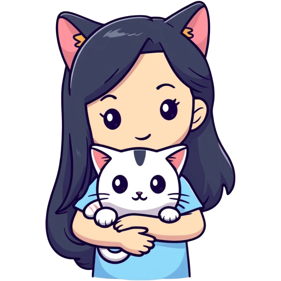 beautiful girl with long black hair holding a hairless cat emoji