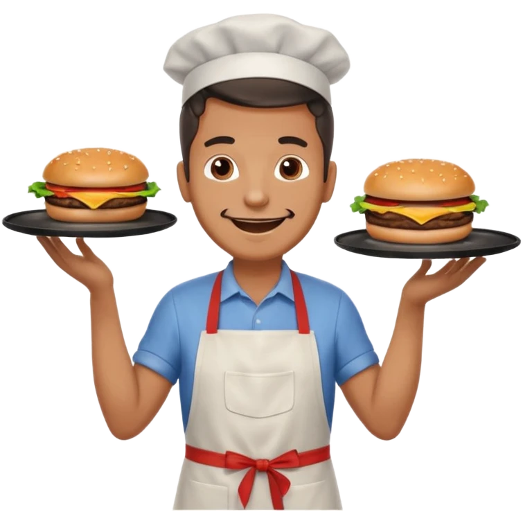 A cheerful man in an apron flipping burgers on a sizzling grill with smoke puffing upward. emoji