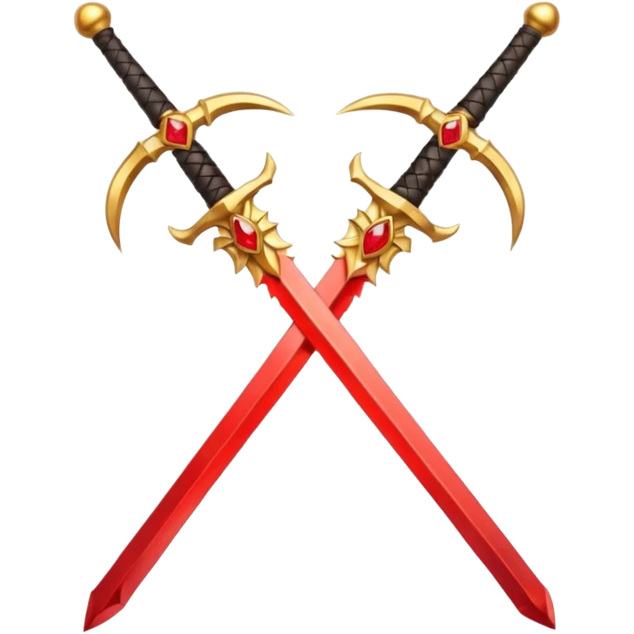 Two crossed swords that are golden in blade and handle and have fiery and royal appearence to them as well as red gem stones emoji