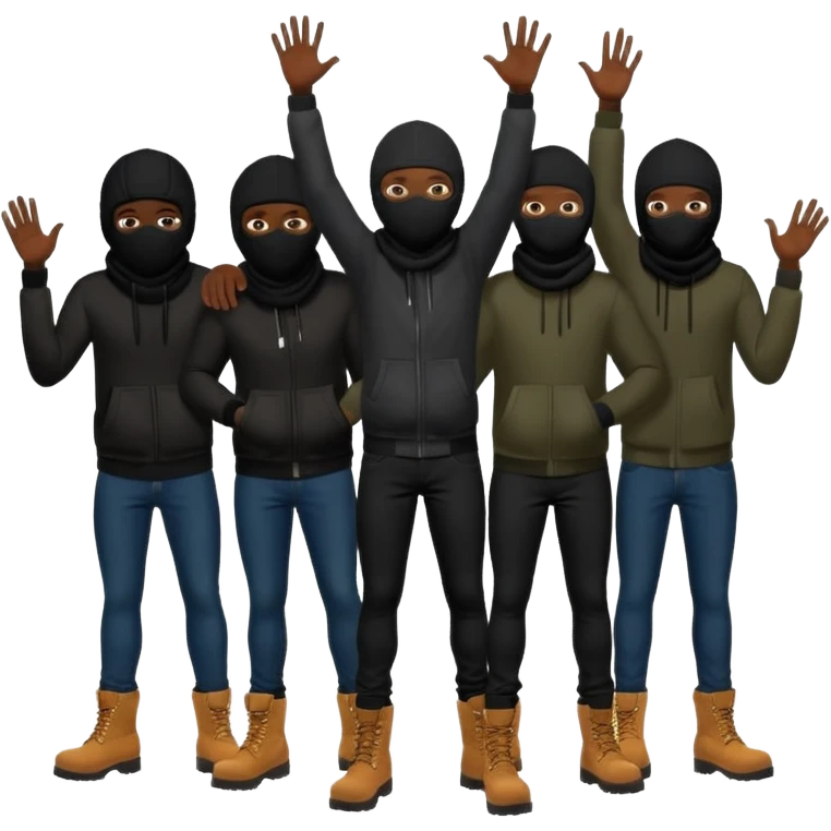 Group of African American men with ski masks covering their face wearing black skinny jeans and timberland boots all holding their hands out emoji