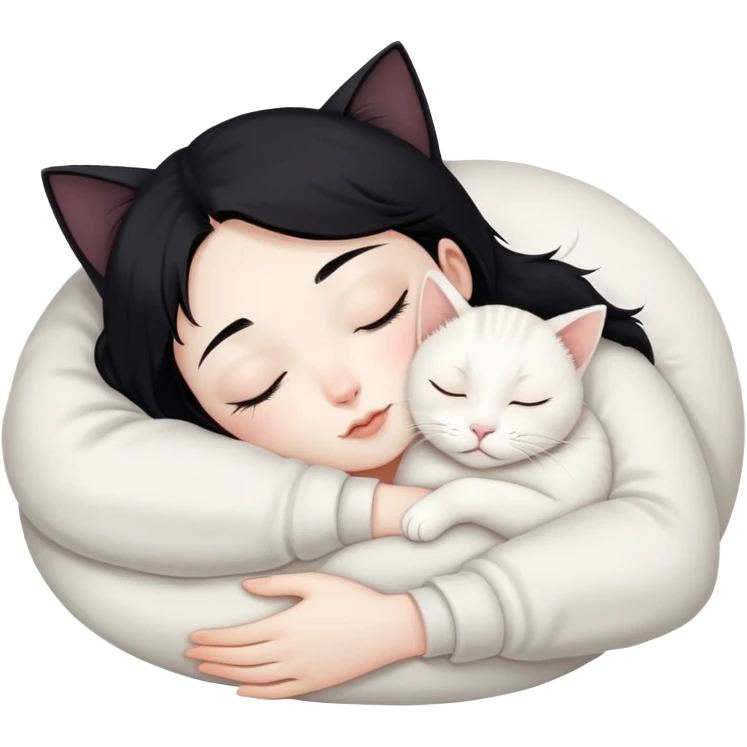 a black hair sleep hugs one white jinjila cat,the cat’s eyes are open emoji