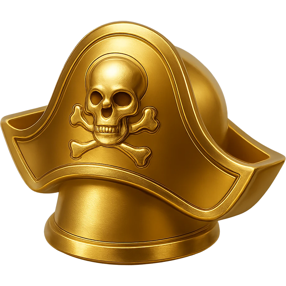Convert this gold pirate helmet into a clean, readable icon for a backpack in a game. Simplify details, use bold shapes, and ensure it stands out at small sizes. Transparent background. emoji