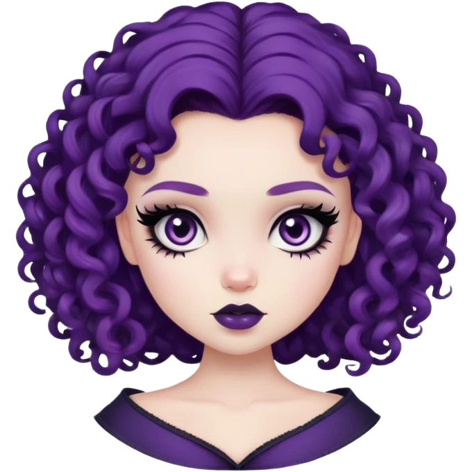 curly dark purple hair, pale skin, dark black eyes, pretty bratz baddie, black eyeliner, blush emoji