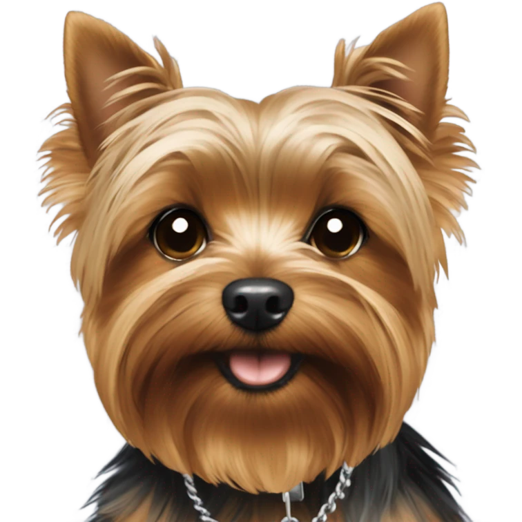 Yorkie with a dog tag that says Theo emoji