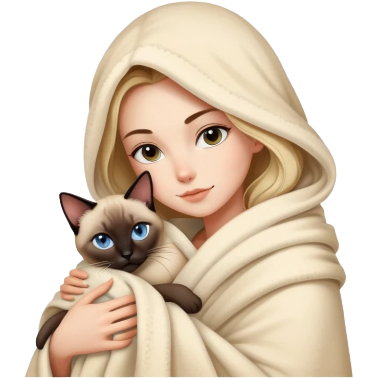 A beautiful and sexy Caucasian girl wrapped in a blanket hugging a Siamese cat emoji
