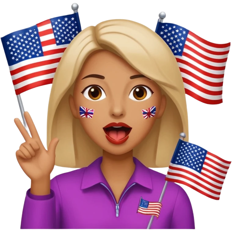 a woman is talking and the English and American flags are coming out emoji