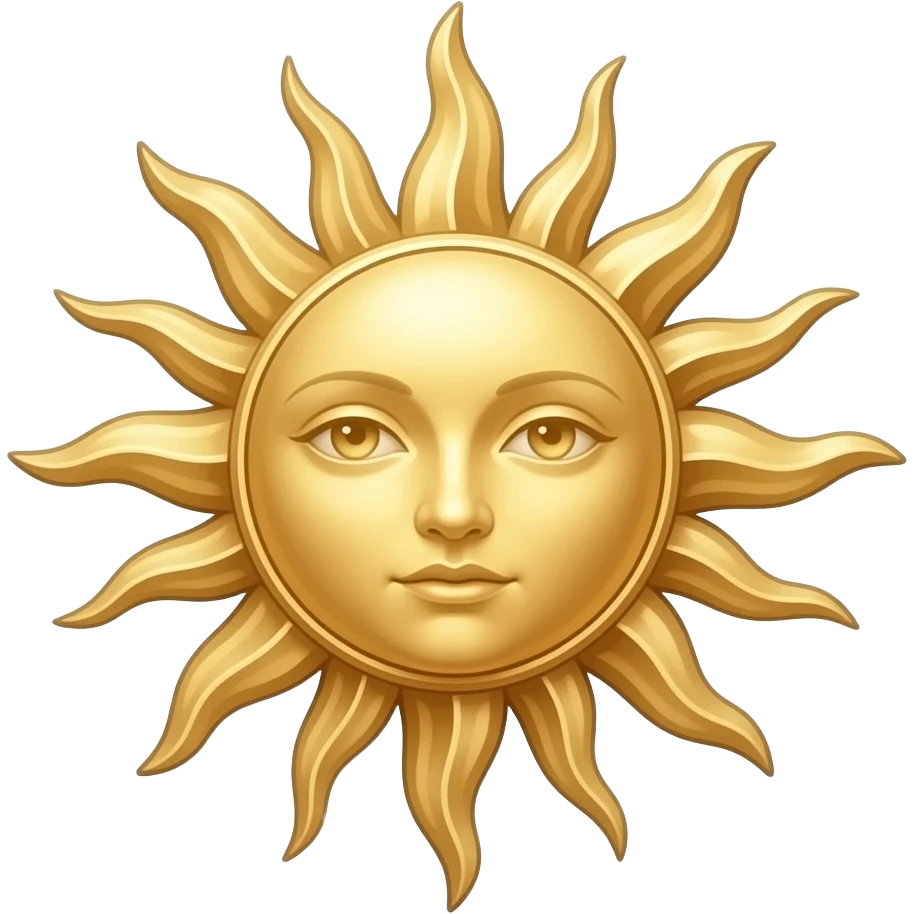 n elegant golden sun emblem, inspired by renaissance art, soft radiant glow, feminine divine energy, flowing organic rays, fine line art mixed with soft painterly texture, warm gold and cream tones, minimal composition, luxurious and ethereal, transparent background emoji