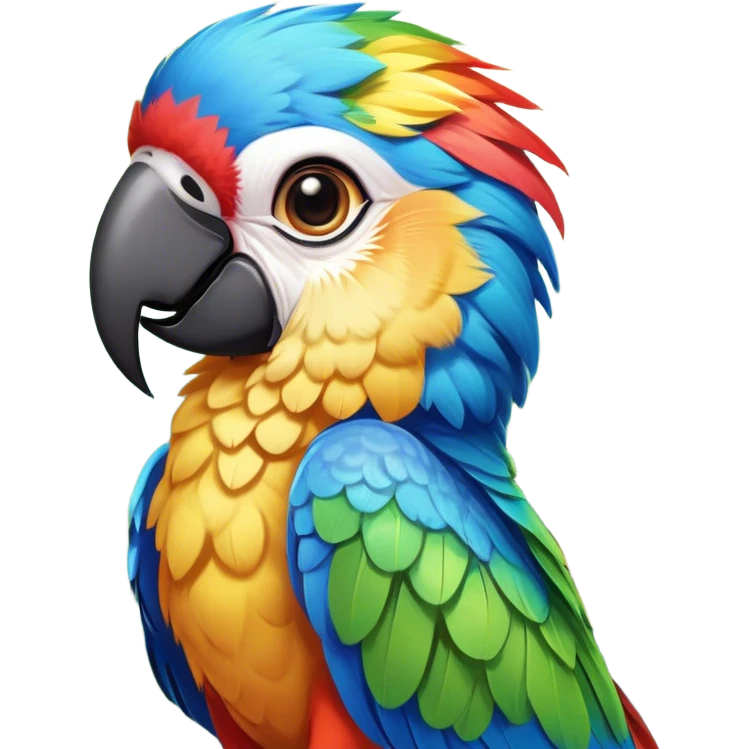 Cinematic Cute Macaw Portrait Emoji, Head tilted playfully and inquisitively, with a dazzling array of colorful plumage and round, sparkling eyes filled with charm, Simplified yet irresistibly adorable features, highly detailed, glowing with a warm, friendly tropical glow, high shine, affectionate and lively, stylized with a touch of whimsical vibrancy, bright and endearing, soft glowing outline, capturing the essence of a mischievous yet loving parrot that seems as if it could flutter out of the screen into your arms! emoji