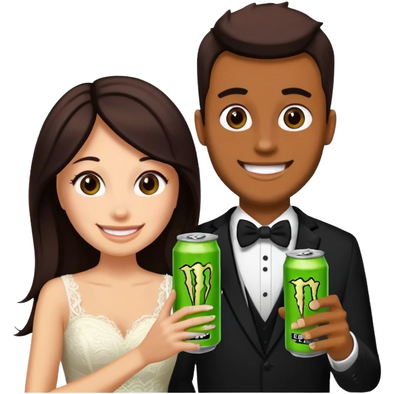 husband and wife at wedding holding monster energy drinks emoji