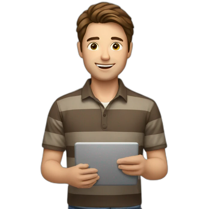 man with brown hair, striped shirt while holding laptop in front emoji