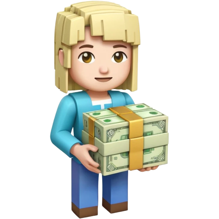 emoji style icon, minecraft blocky character holding a stack of money, pixel art style, bright colors, simple background, 3D glossy emoji, centered composition, soft shadow, high detail, clean outline, white background emoji