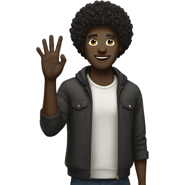 dark skin, black afro curly man Raising Hand, street wear style, twink, intricate face emoji
