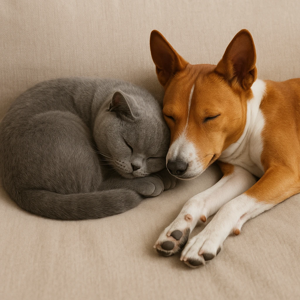 A gray British Shorthair cat curled up and sleeping next to a red Basenji dog emoji