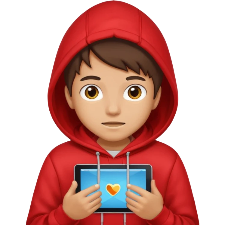 Teen gaming on tablet, red hoodie emoji