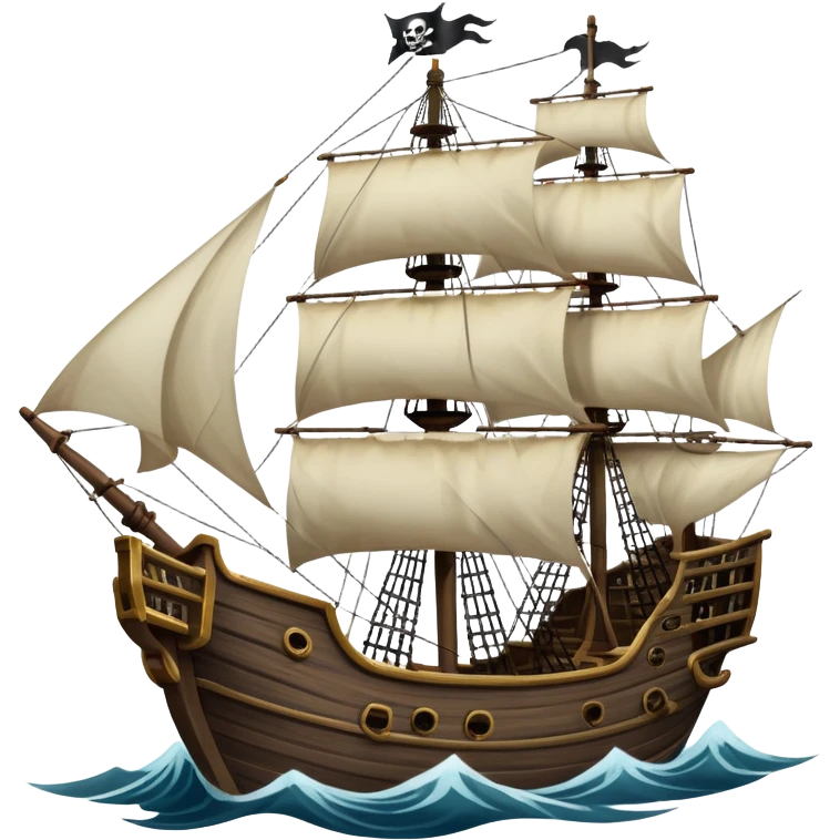 An icon representing an adventure game, inspired by high-seas exploration. The design features a fearless pirate gripping the wheel of a grand sailing ship, its tattered Jolly Roger flag billowing as it cuts through stormy waters. The scene evokes danger, treasure, and the thrill of the open sea. Transparent background. emoji