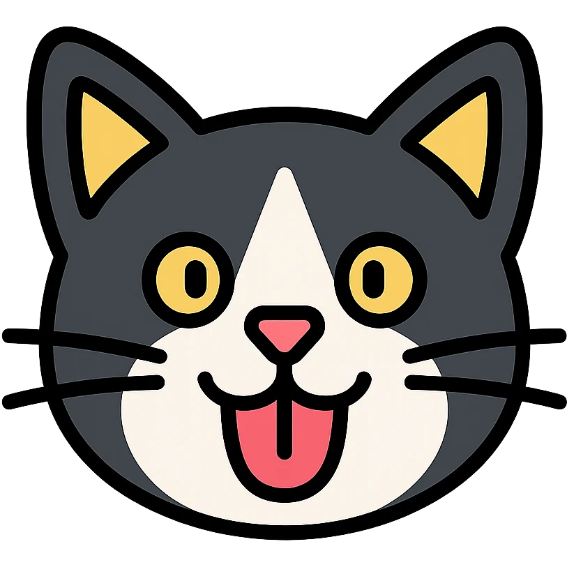 tuxedo cat face, playful, tongue out, lineal color icon with black outlines emoji
