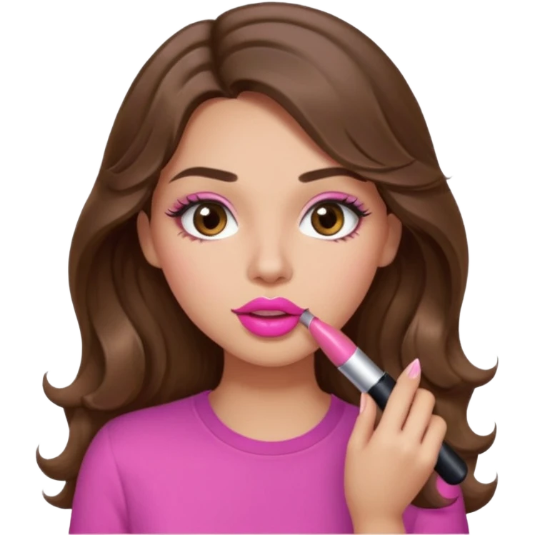 girl with long wavy brown hair, brown eyes, light to medium complexion, in a pink shirt, pink lips, long lashes, puckered lips, putting on lipstick emoji