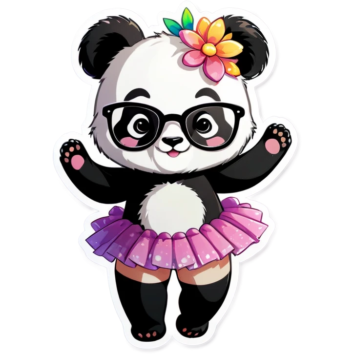 Cute female Panda wearing a tutu and glasses with a flower above 1 ear emoji