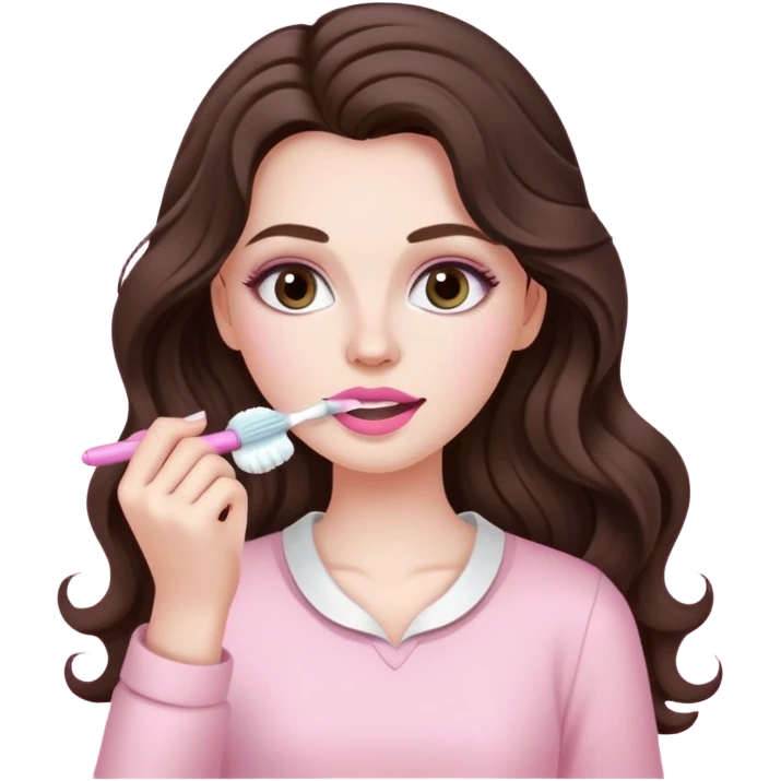 A white barbir girl with makeup with long dark brown wavy hair in pale pink clothes brushes her teeth emoji