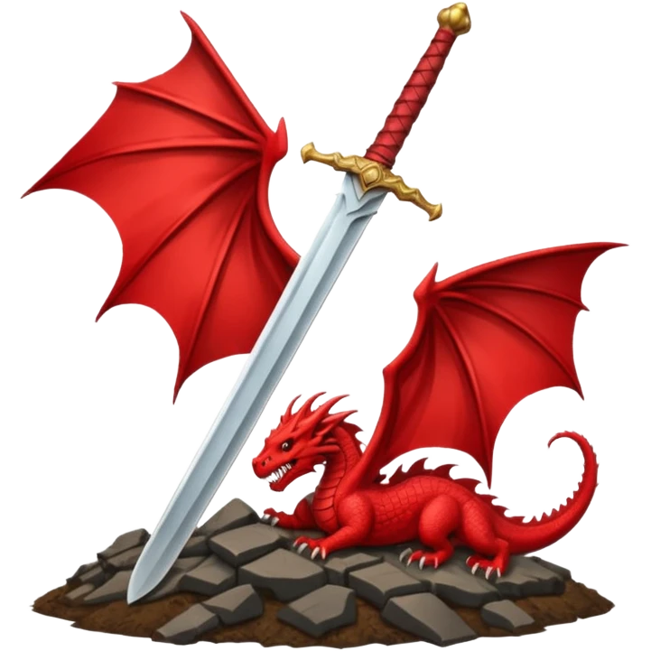 epic emoji in WhatsApp style sword like Guts' from Berserk embedded in the ground with a red banner with dragon head behind symbolizing Slay the dragon clean bold transparent background emoji