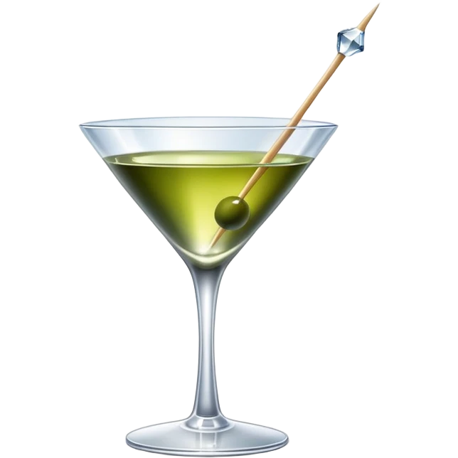 martini glass with crystal clear transparent liquid and an olive at the bottom skewered by a toothpick emoji