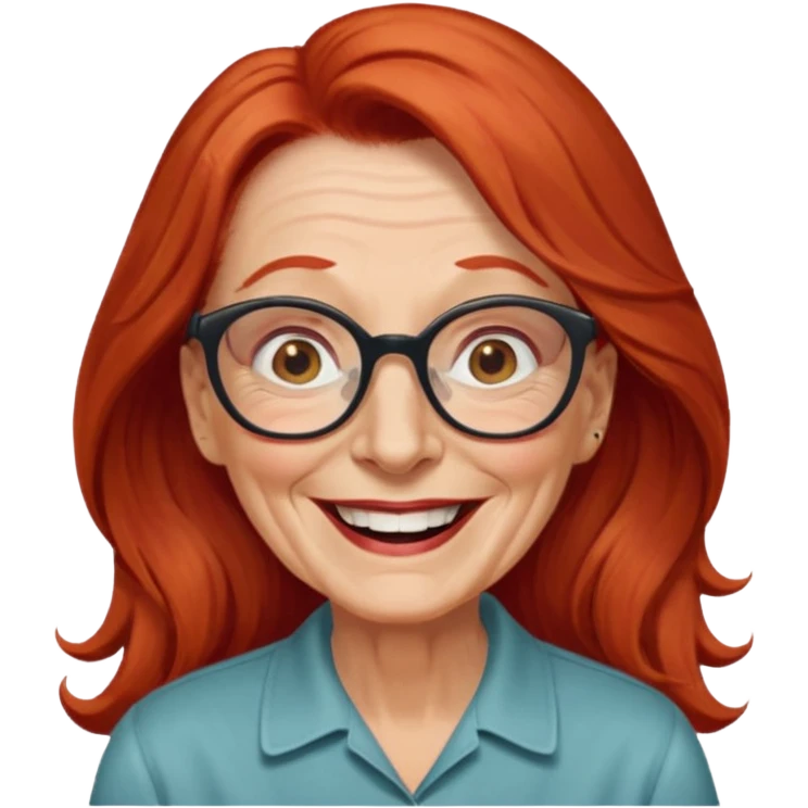 obese; older 50's ; long red hair ; women hazel eyes; glasses ; laughing emoji